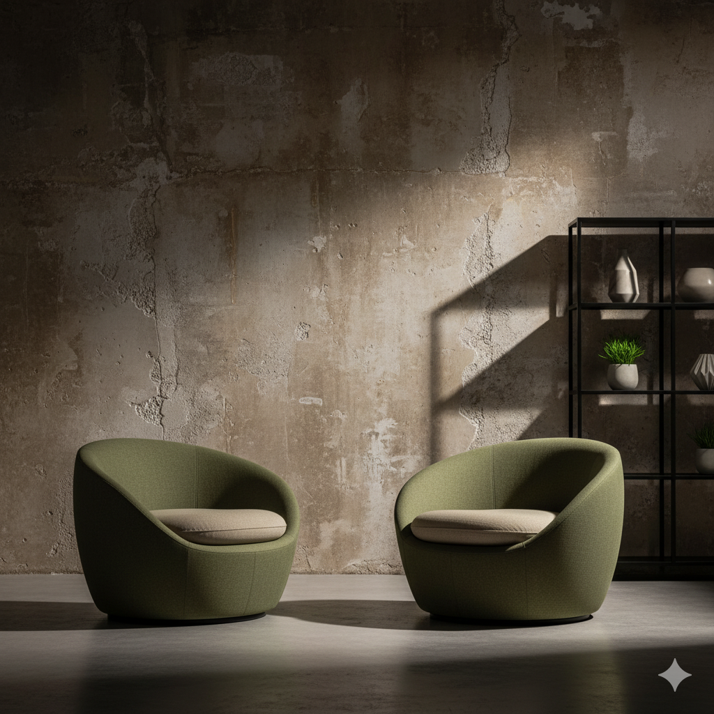 Two green accent chairs in a minimalist room