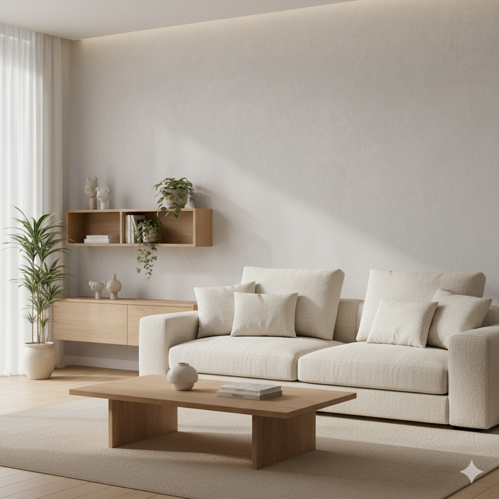 Modern living room with light sofa and wooden furniture