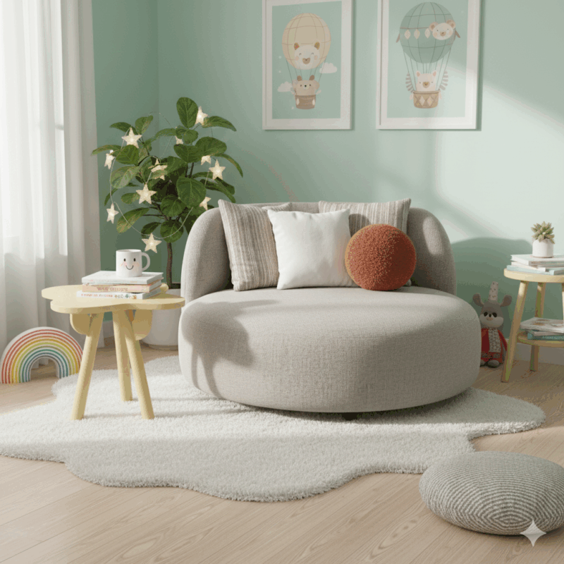 Freesia Lounge Chair Krem – Kenyamanan Putar (Swivel) Mewah. 